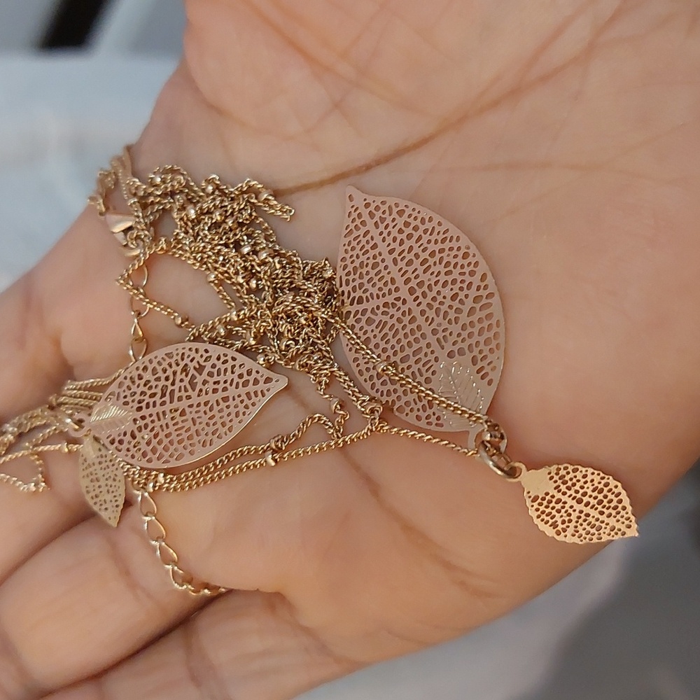 Trendy Chic Delicate Double Leaf Skeleton Pendant… - image 6